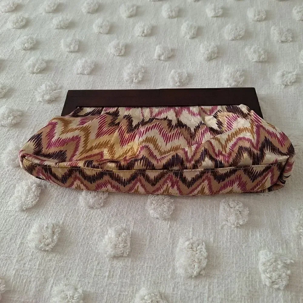 Aldo clutch shimmery multicolor fabric with wood handle